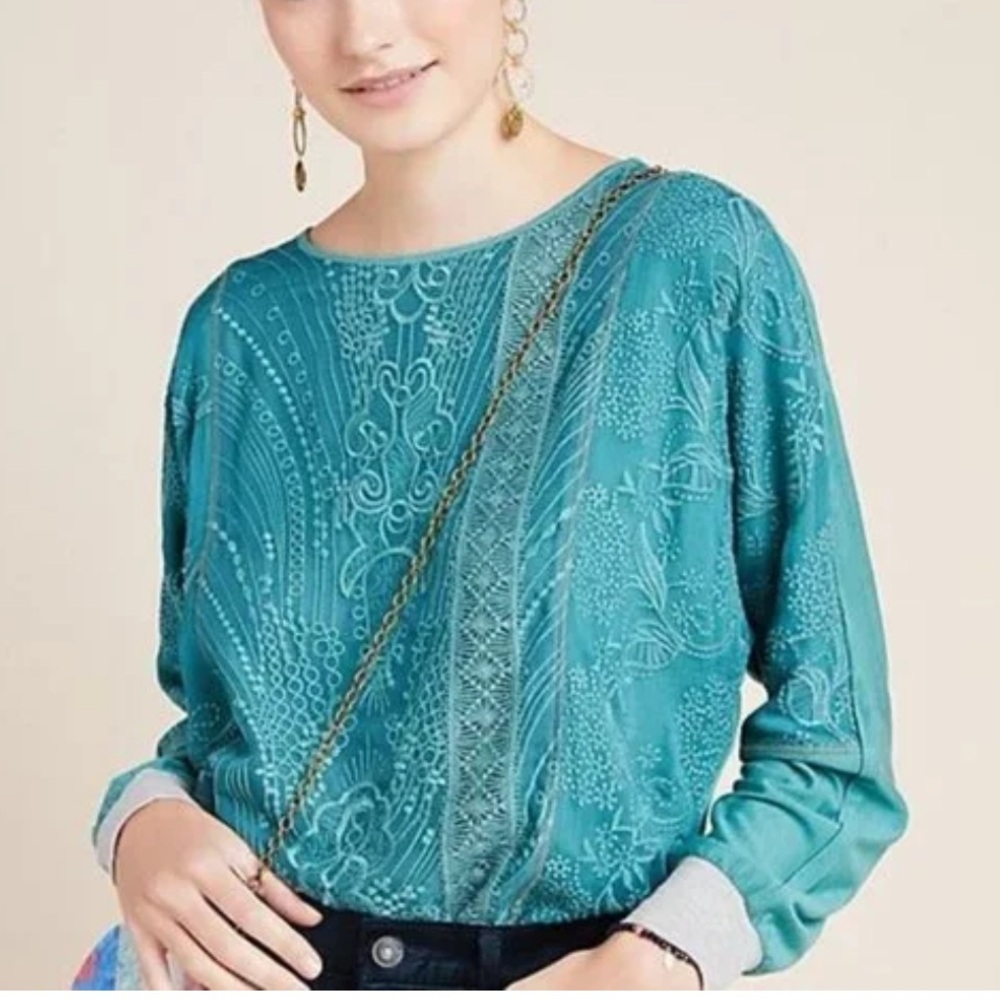 NWT Anthropologie Teal Green Tiny Kate Lacey Boho Batwing Embroidered Top